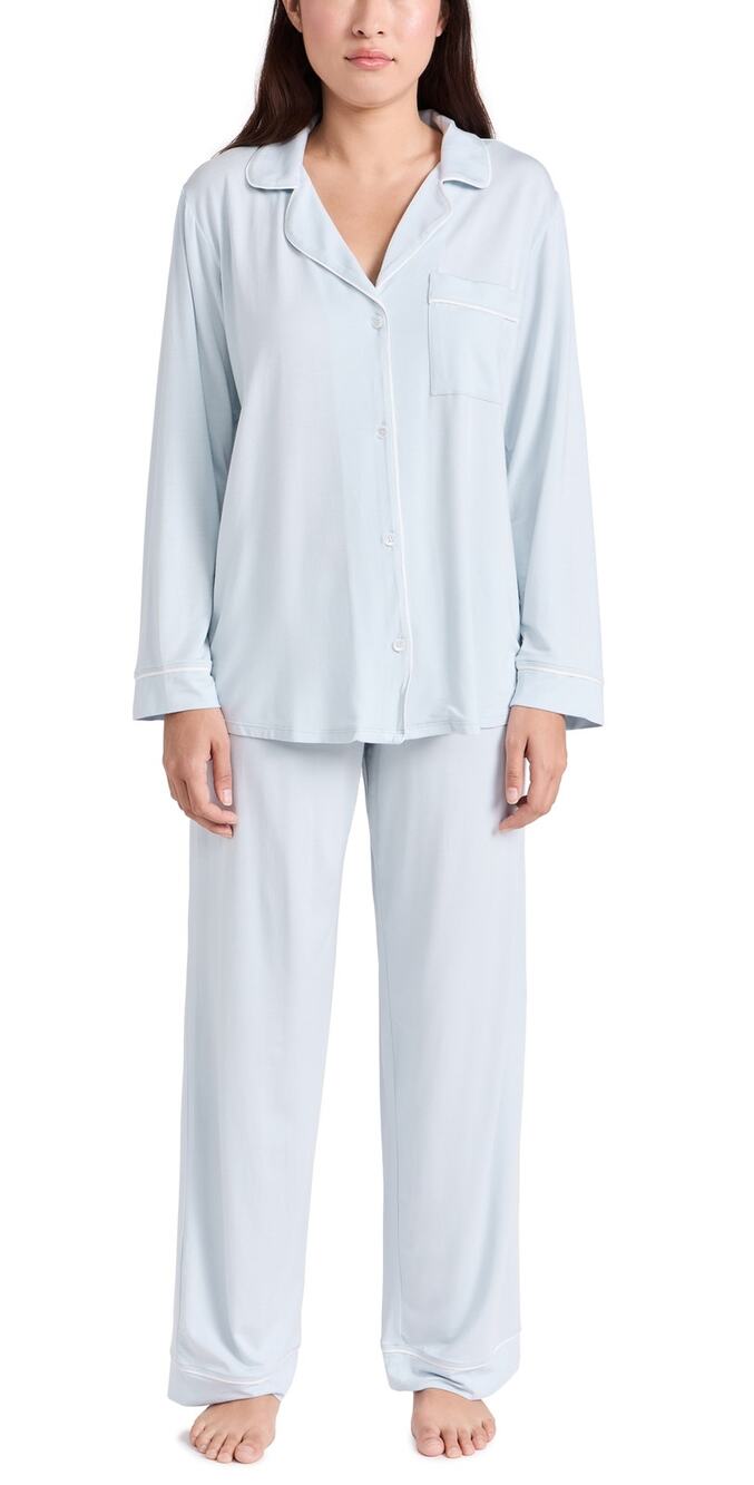 Eberjey Gisele Tencel Modal Long PJ Set Ice Blue Ivory Pajamas XXL
